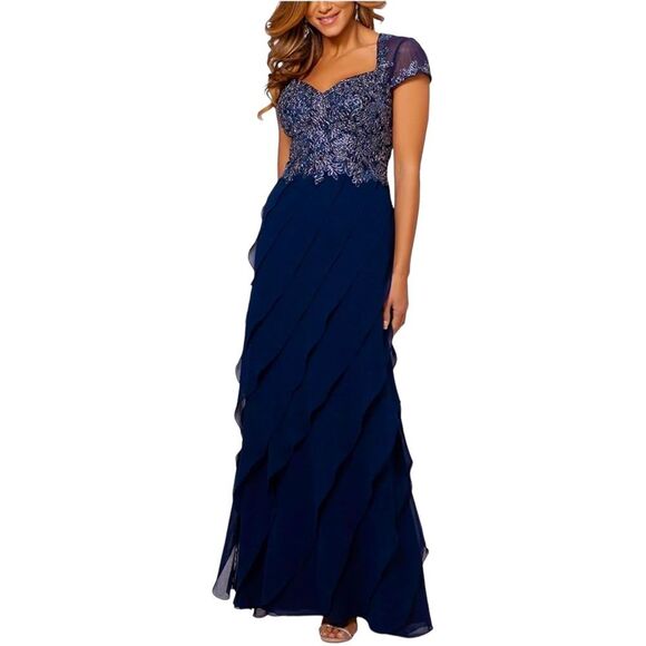 XSCAPE‎ Blue Sheer Cap Sleeve Floral Dress Gown 10 Tiered Ruffles Wedding Prom - Picture 2 of 16